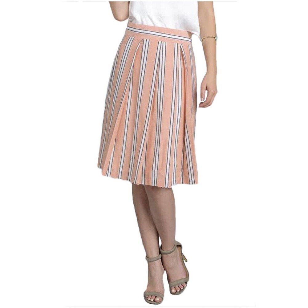 Pink and White Cotton Striped and Pleated Flared Full Skirt Size Small - Hey Viv